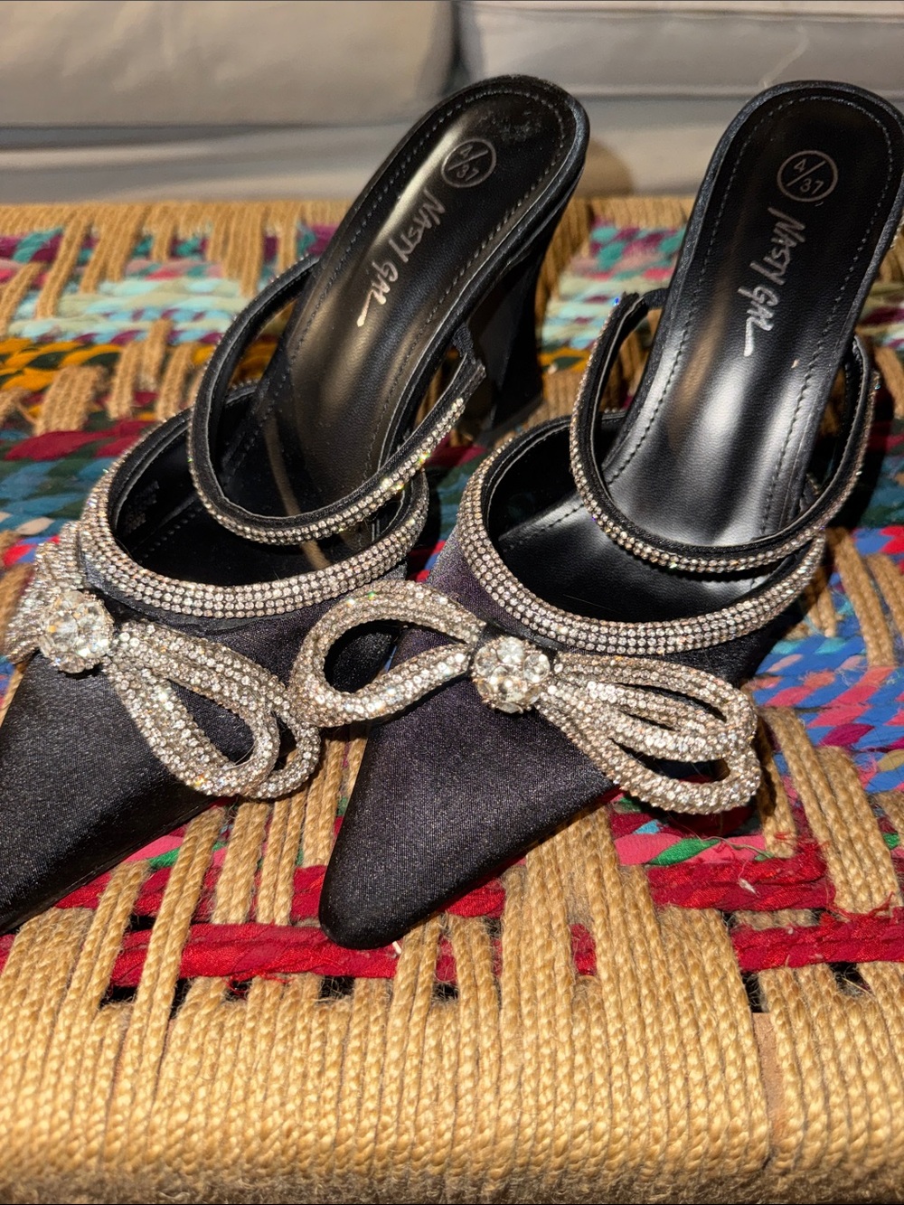 Nasty Gal Black Satin Pointed Toe Mule Heels with Crystal Bow Accent